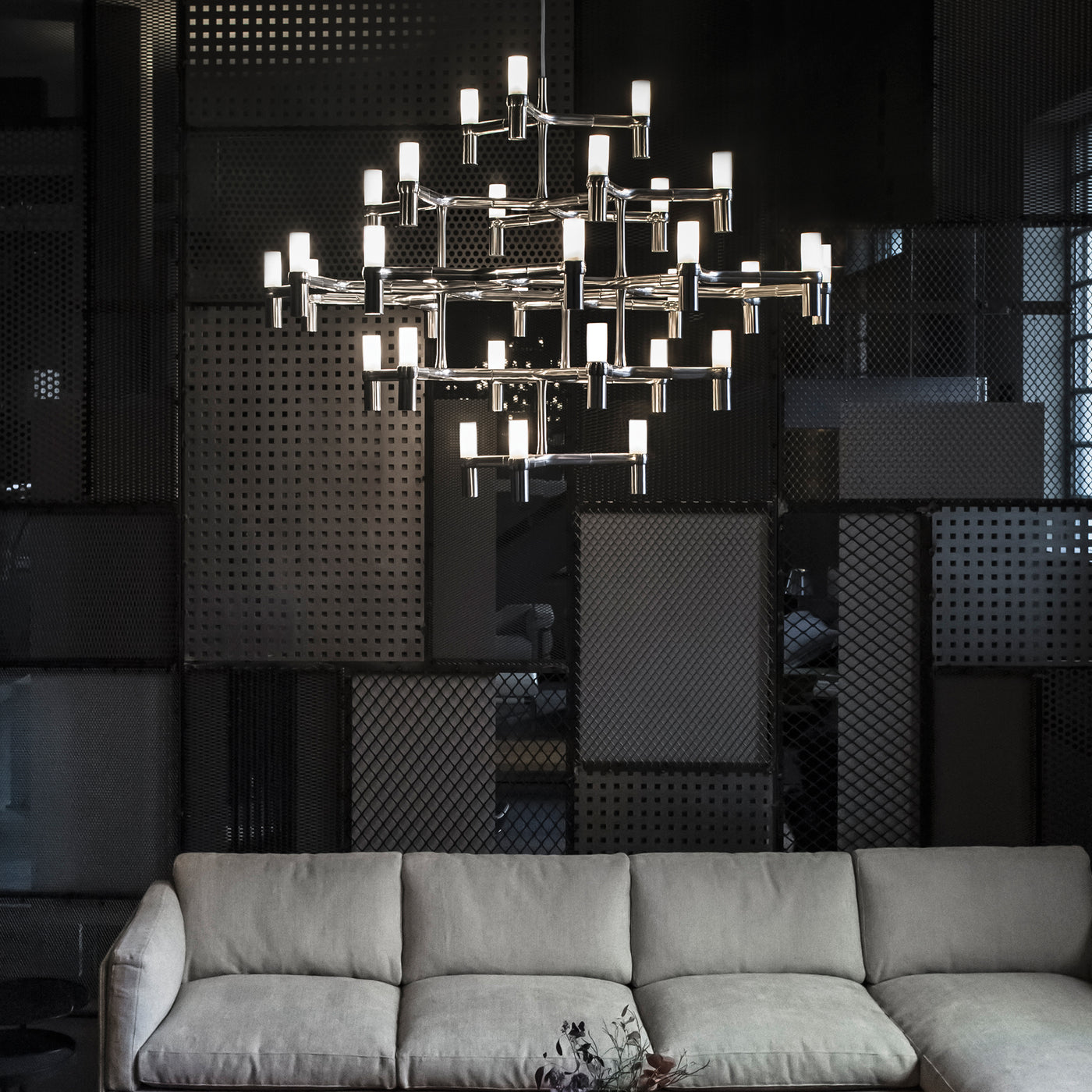 luxusní lustr do obývacího pokoje, černý futuristický lustr, Nemo osvětlení, Nemo lighting, luxusní osvětlení